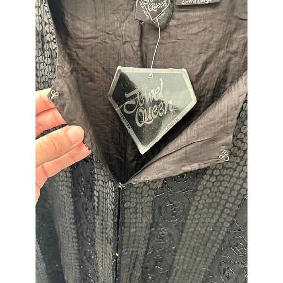 🆕 JEWEL QUEEN | Vintage Black 100% Silk Sequin Beaded Heavyweight Cardigan | XL - Picture 4 of 7